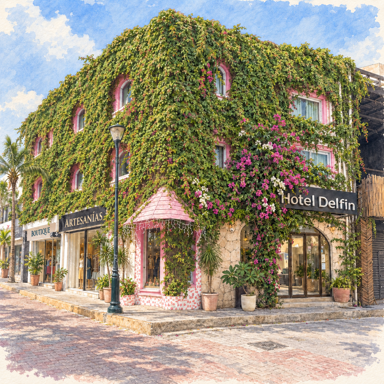 Watercolor illustration of Hotel Delfín’s vine-covered corner building